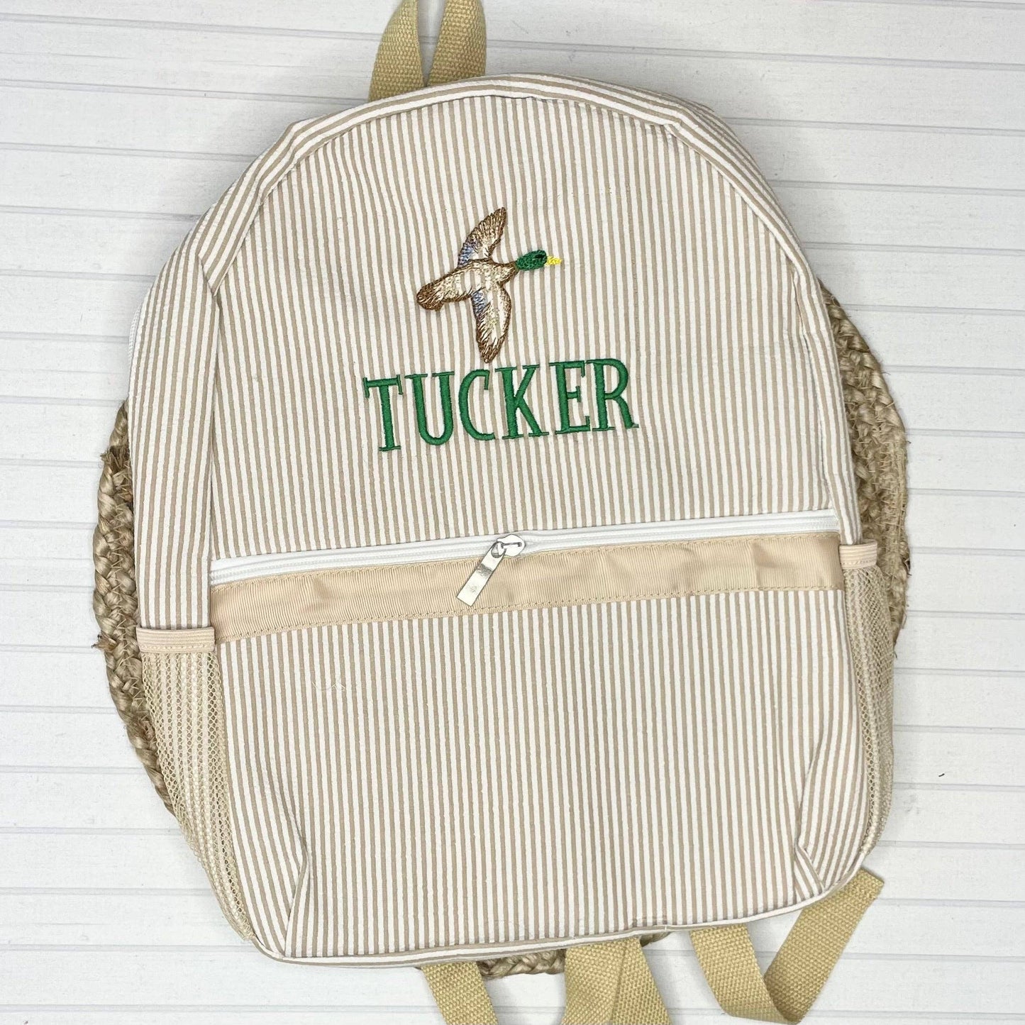 Seersucker Backpack (Full Size): Khaki Seersucker
