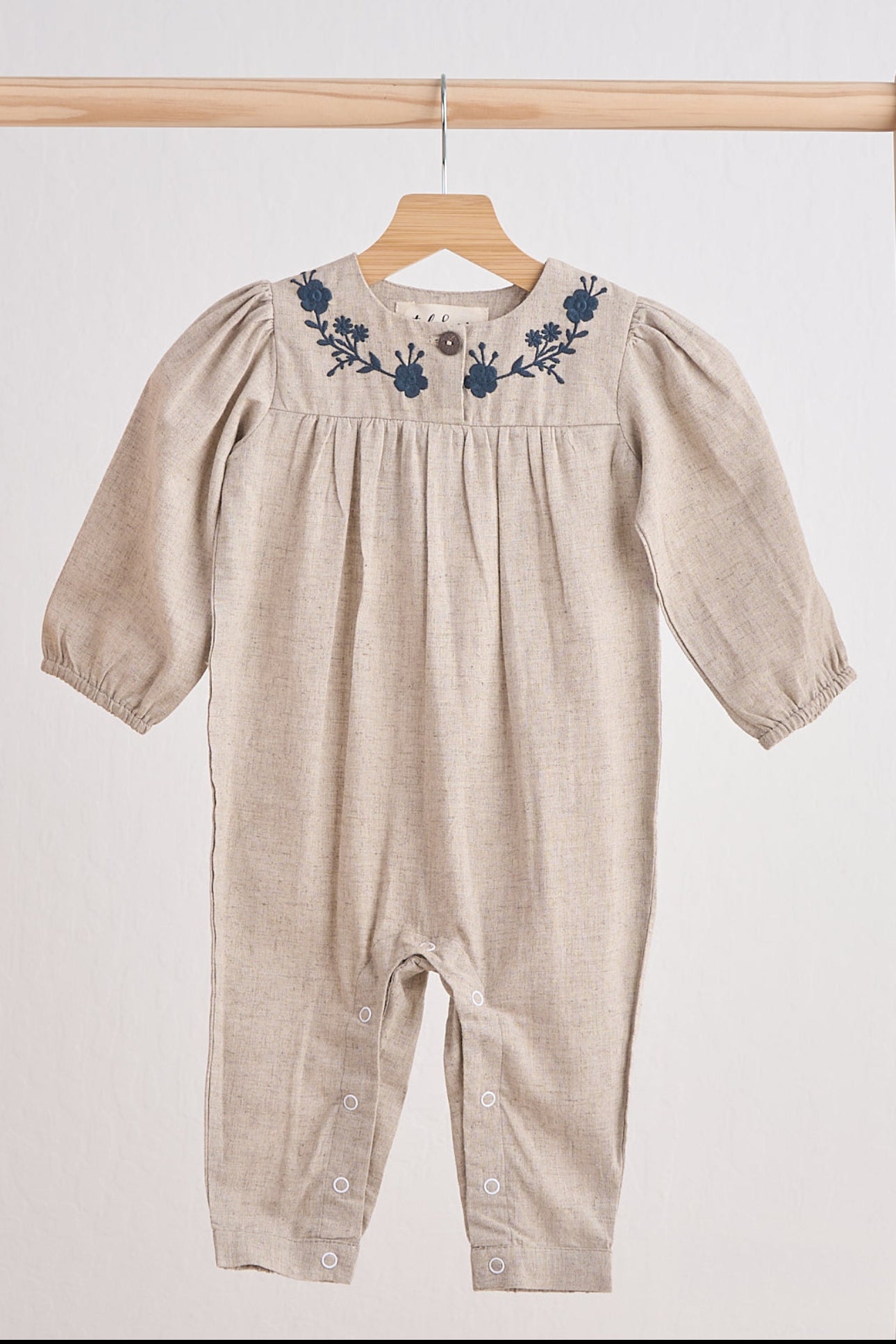Grey floral embroidery linen girl romper
