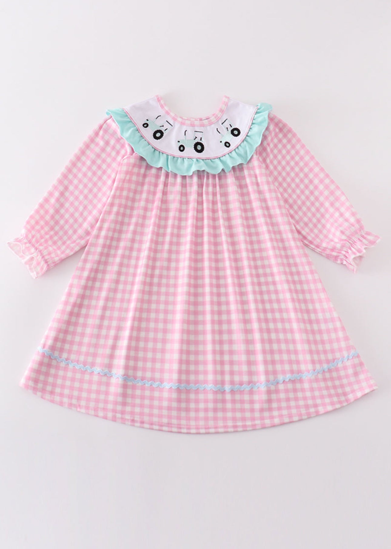 Pink tractor embroidery gingham dress