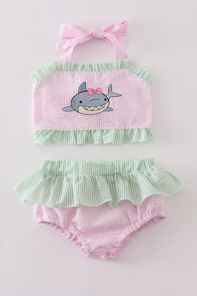 Seersucker shark embroidery 2pc girl swimsuit