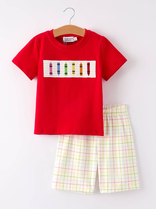 Boys Back to School Pencil Smock Embroidered Plaid Set: 3