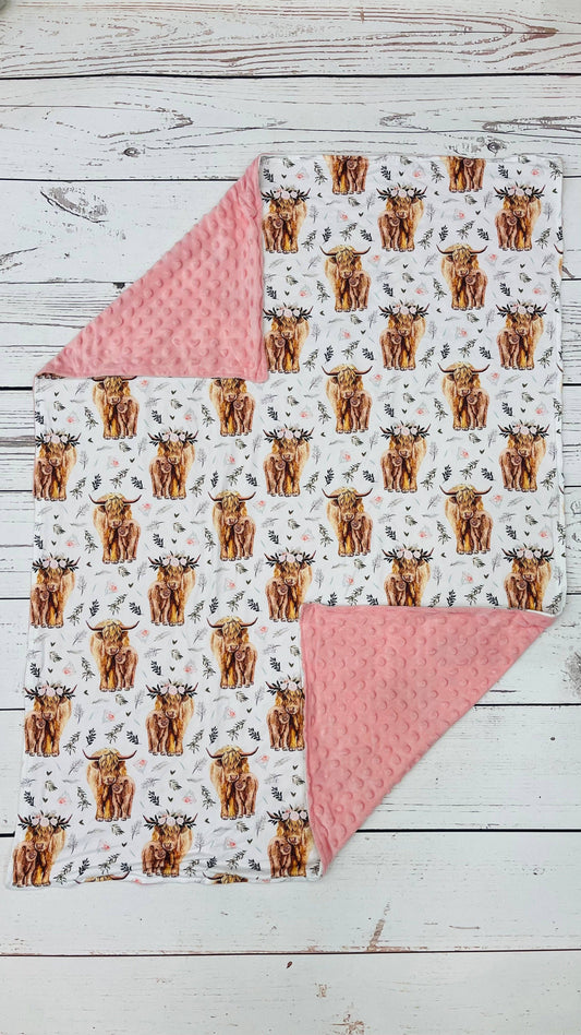 Baby Pink Flower Minky Cows Blanket