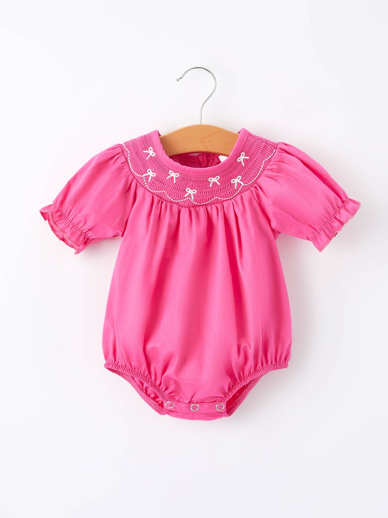 Girls Bow Smocking Embroidery Hot Pink Romper: 3M