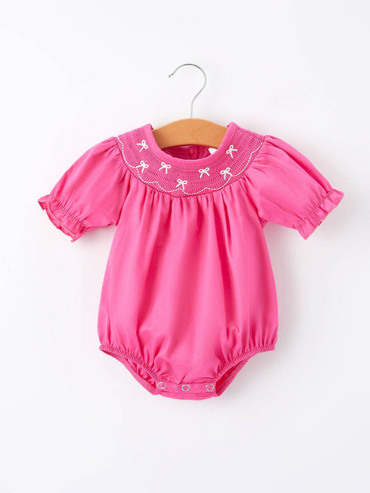 Girls Bow Smocking Embroidery Hot Pink Romper: 3M