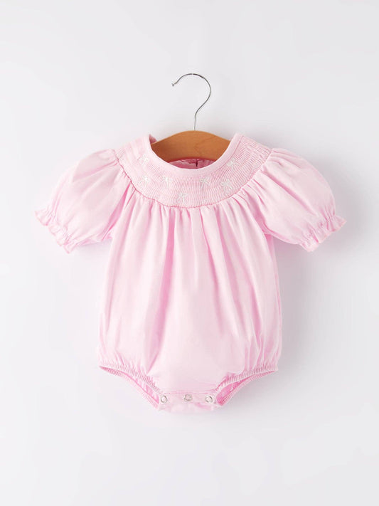 White Bow Smock Embroidered Pink Romper: 18M