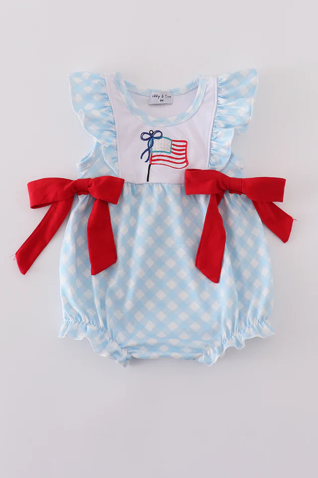 Blue flag embroidery bow gingham ruffle bubble
