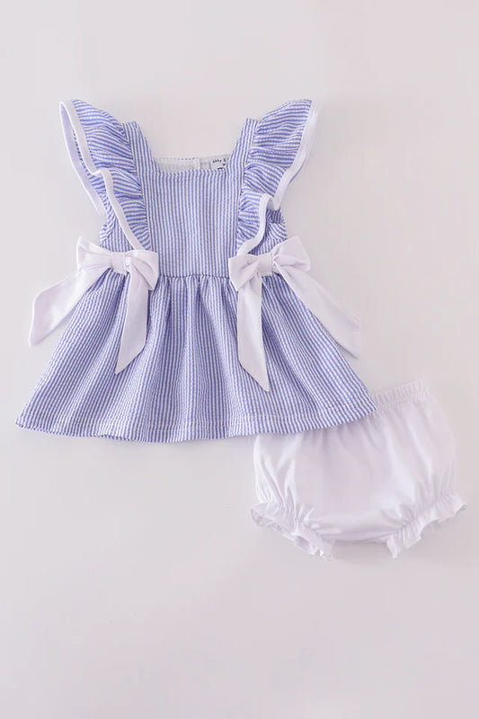 Blue stripe seersucker ruffle bloomer set