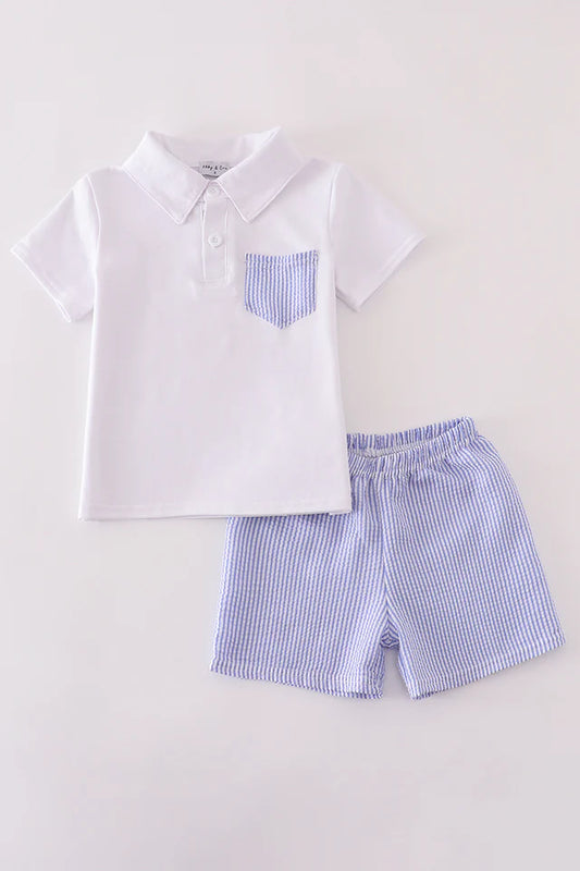 Blue stripe seersucker shorts set