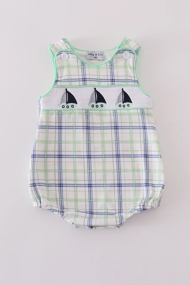 Green seersucker sailboat embroidery smocked bubble