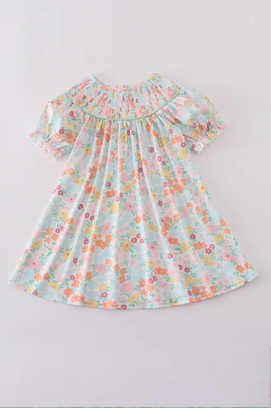 Green springtime bloom smocked girl dress
