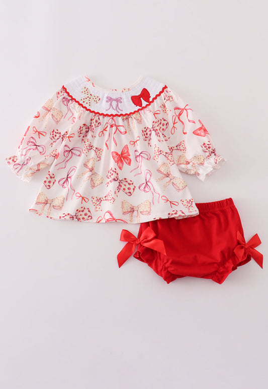 Red bow smocked bloomer set
