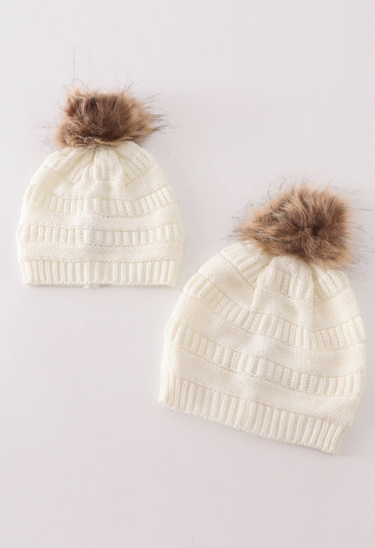 Ivory pompom cable beanie