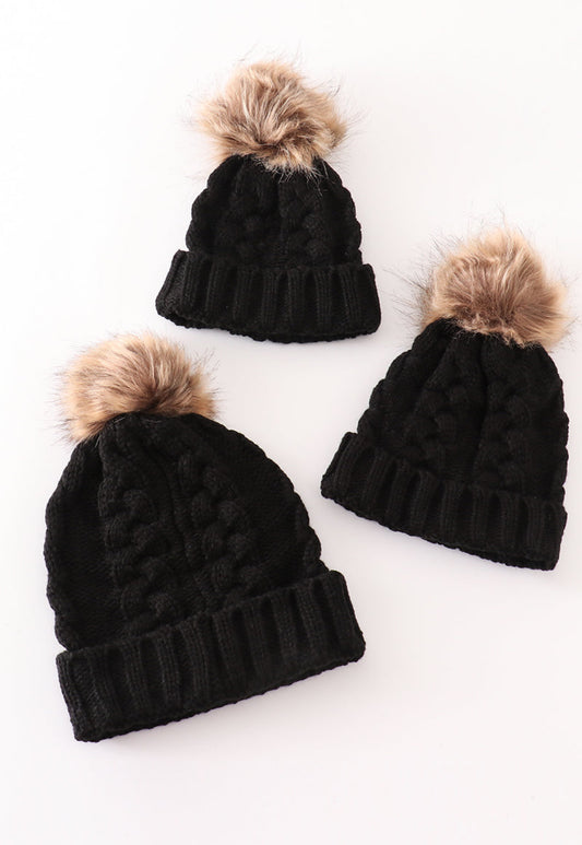 Black pompom cable beanie
