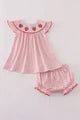 Pink strawberry embroidery gingham bloomer set