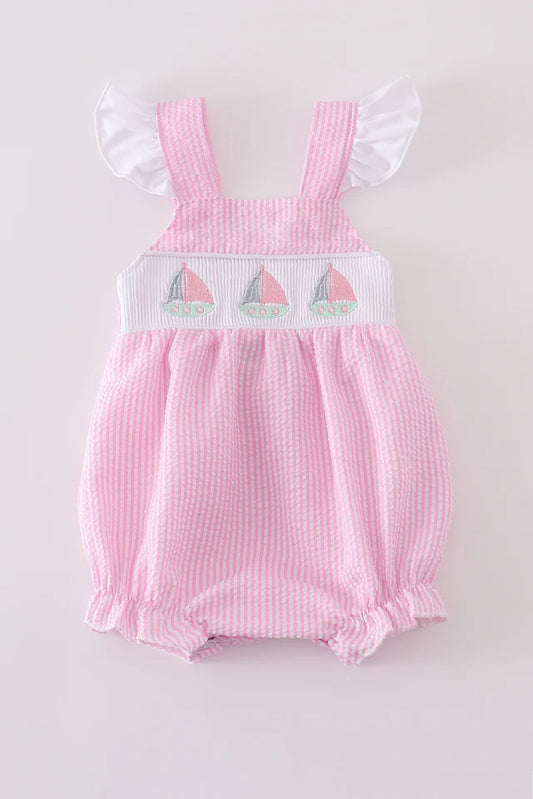 Pink stripe seersucker sailboat embroidery smocked bubble
