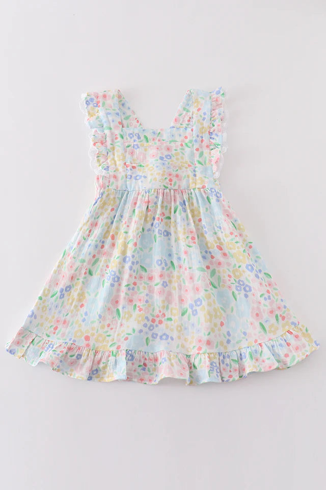 Premium Blue muslin floral ruffle dress
