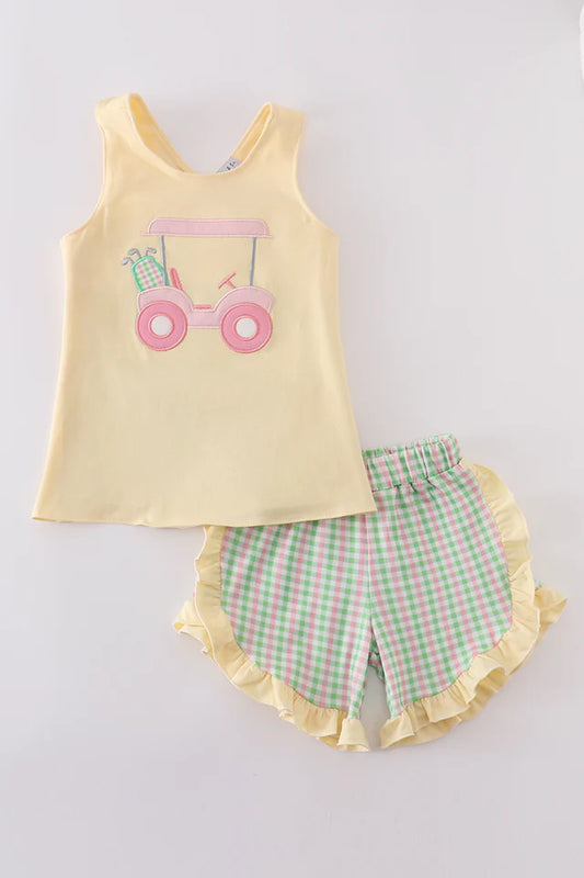 Yellow golf cart applique gingham ruffle set