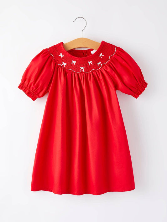 Girls Bow Smocking Embroidered Red Dress: 2