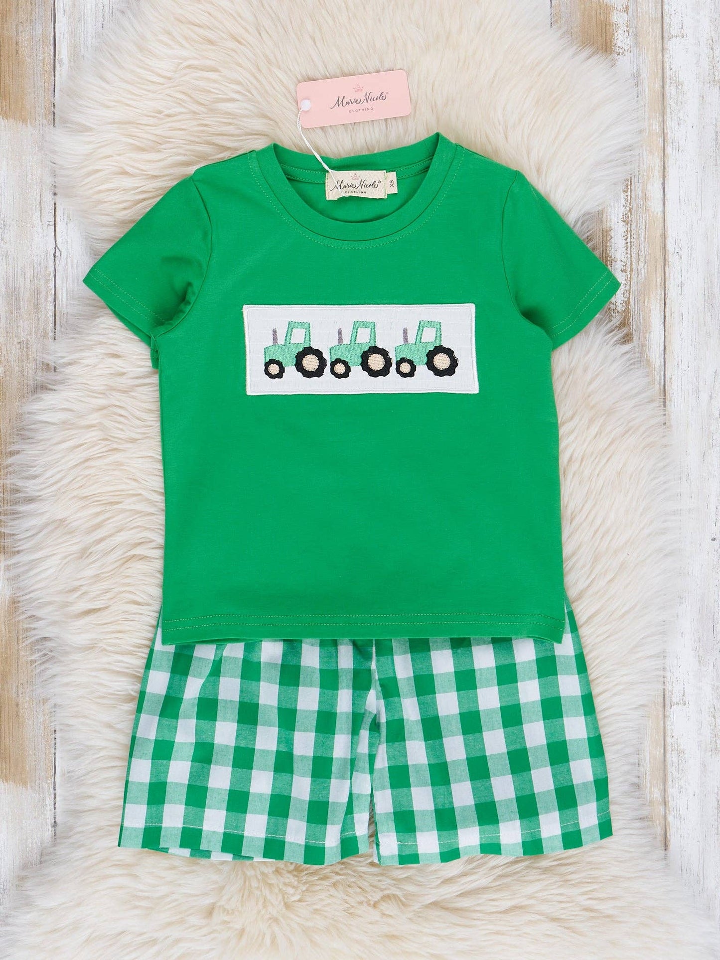 Green Gingham Smocked Tractor Outfit