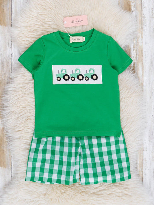 Green Gingham Smocked Tractor Outfit