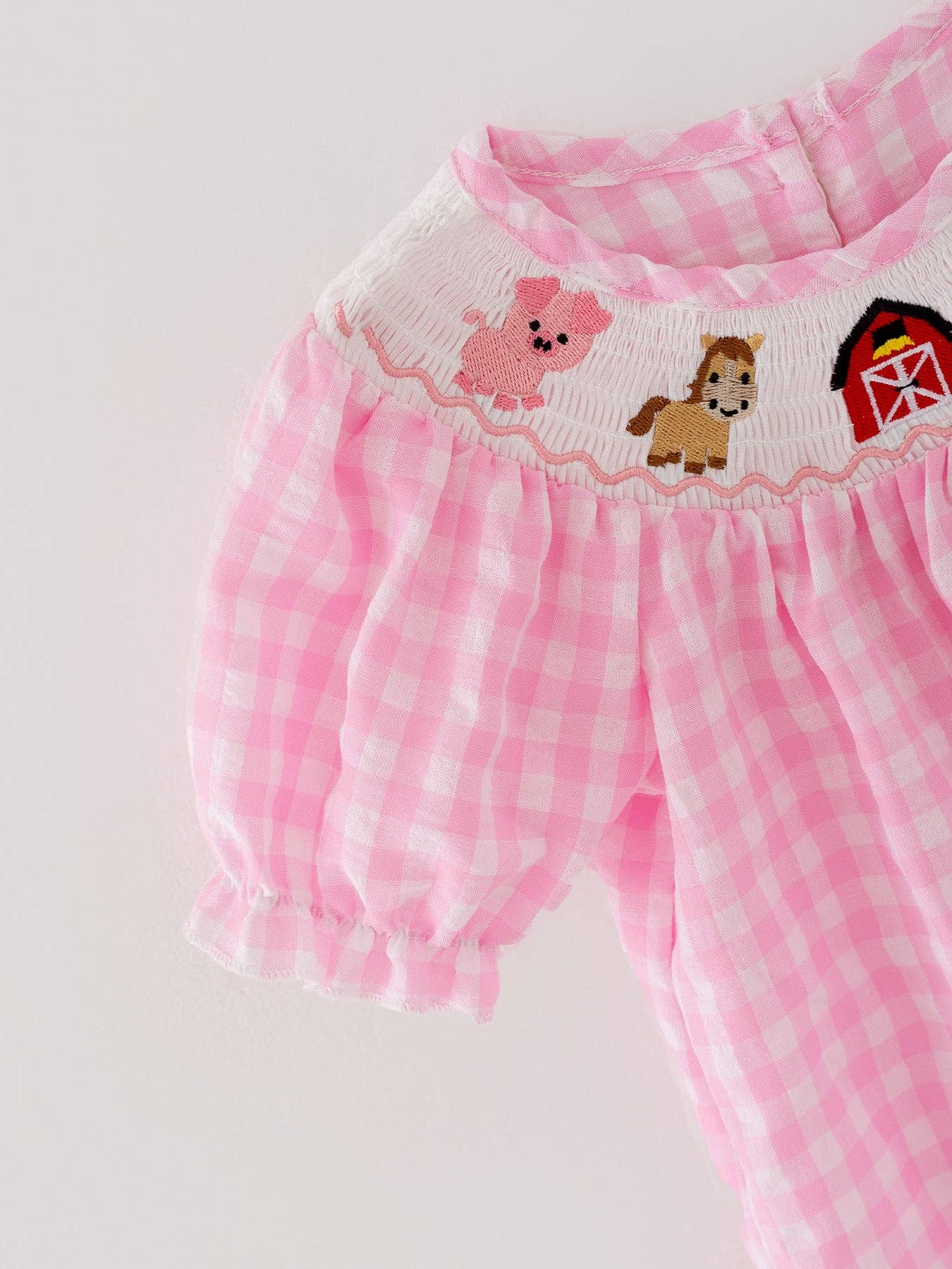 Farm Pink Smocking Embroidered Girls Romper: 3M