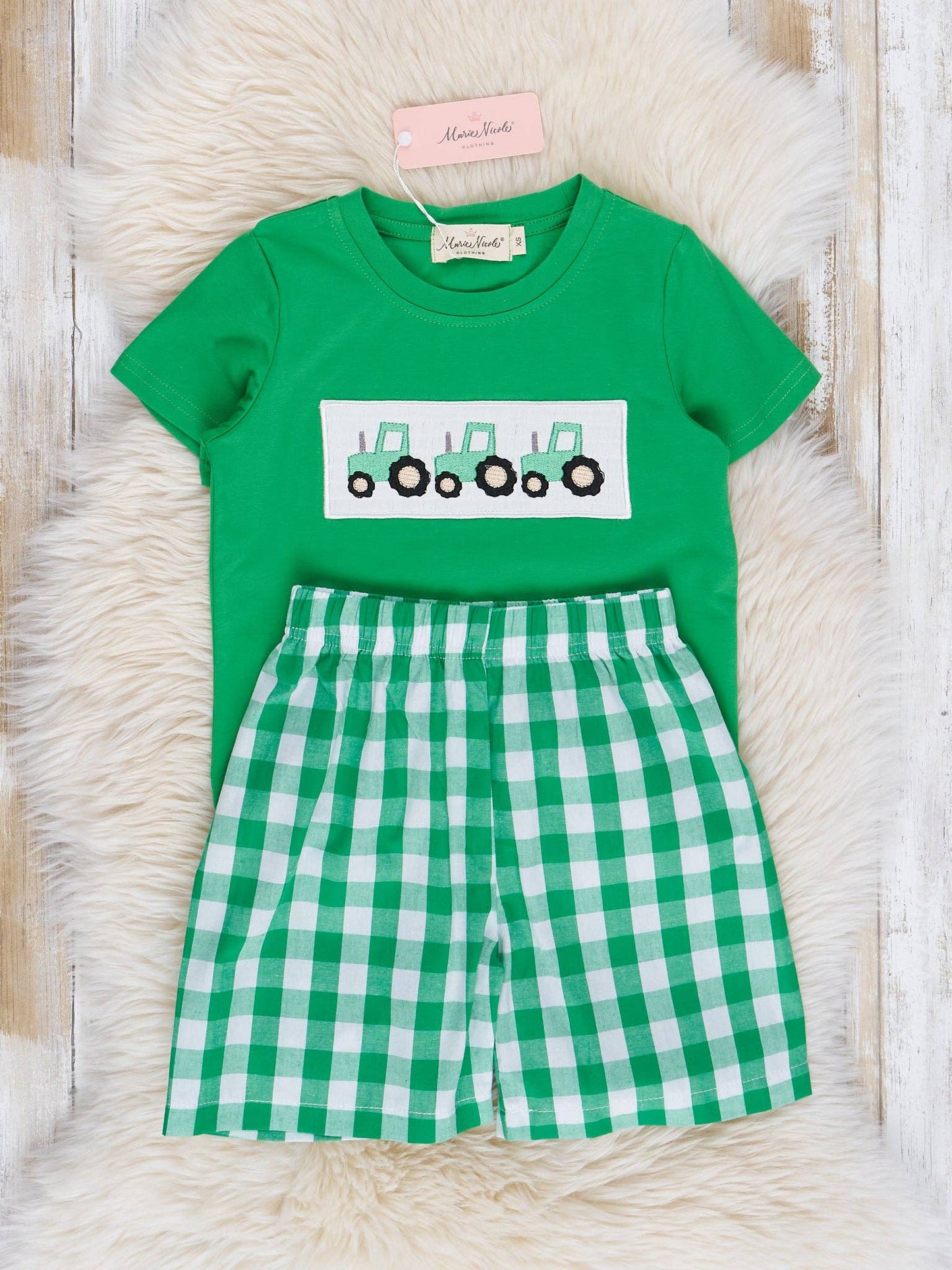 Green Gingham Smocked Tractor Outfit