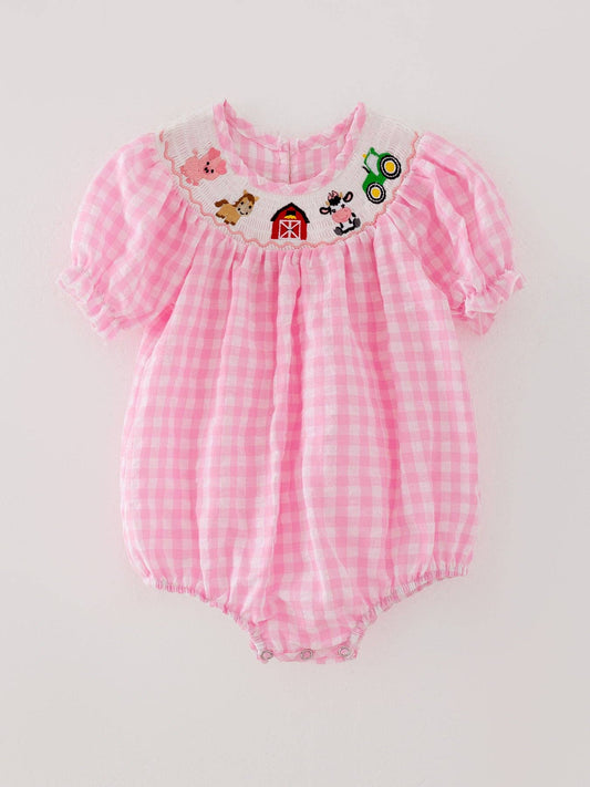 Farm Pink Smocking Embroidered Girls Romper: 3M